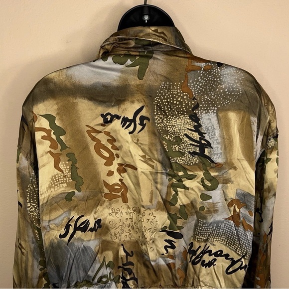 LARGE VINTAGE COREY B SILK JACKET BEIGE BROWN ABSTRACT PRINT LONG SLEEVE 90s - Picture 4 of 11